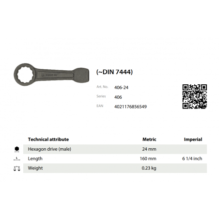 Kľúč uťahovací DIN 7444 24.0x160 KUKKO 406-24