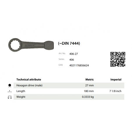 Kľúč uťahovací DIN 7444 27.0x180 KUKKO 406-27