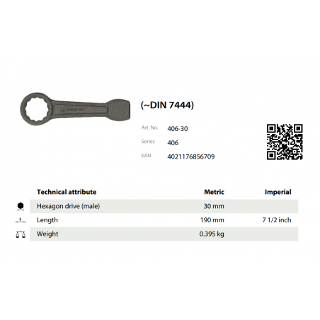 Kľúč uťahovací DIN 7444 30.0x190 KUKKO 406-30