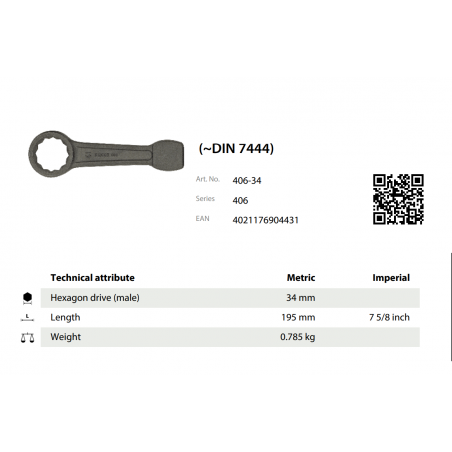 Kľúč uťahovací DIN 7444 34.0x195 KUKKO 406-34
